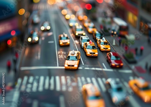 Urban Street Scene with Yellow Taxis in Tilt-Shift Effect photo