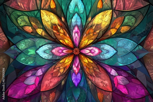 Multicolored symmetrical fractal pattern as flower or butterfly in stained-glass window style. Computer generated graphics.