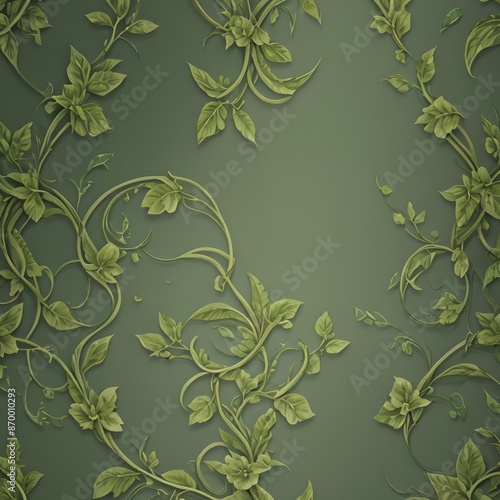 An elegant illustration featuring a pattern of intertwined green vines and leaves set against a soft green background