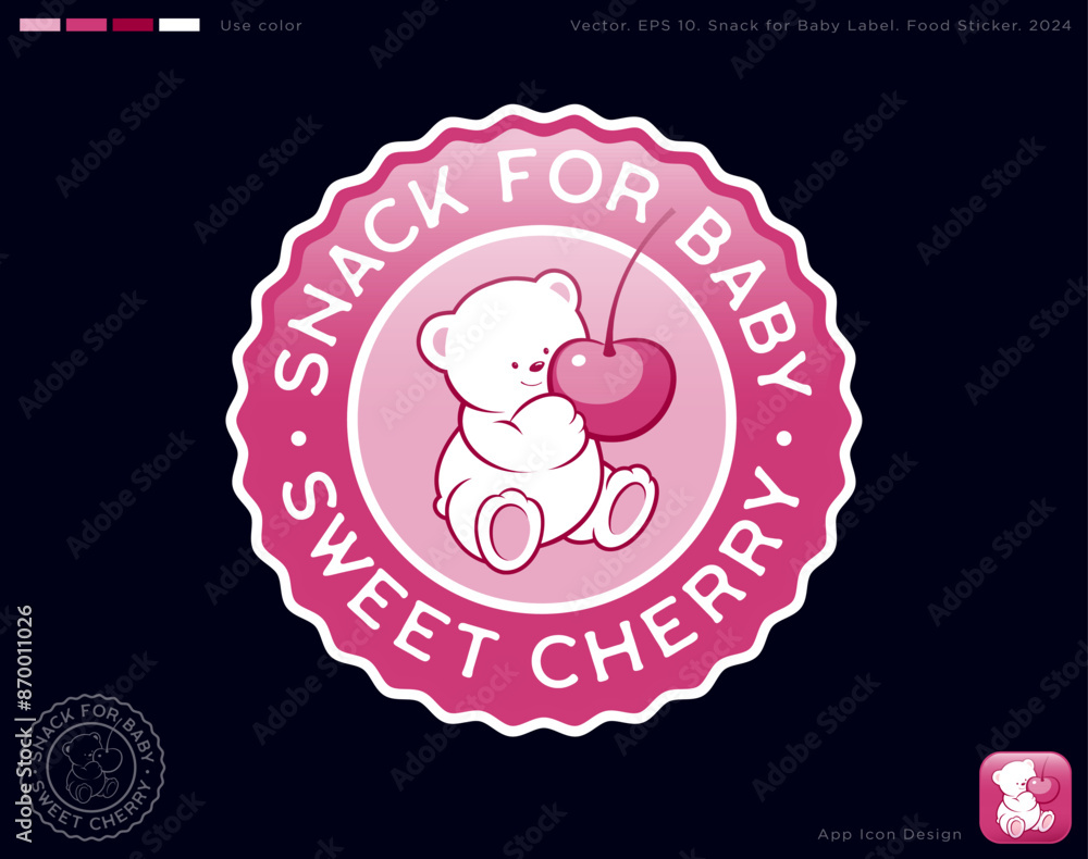Baby food label. Food sticker, round label with wavy edges. Identity, used color. White teddy bear with big Cherry. Baby food label. Food sticker, round label with wavy edges. Identity, used color. White teddy bear with big Cherry.