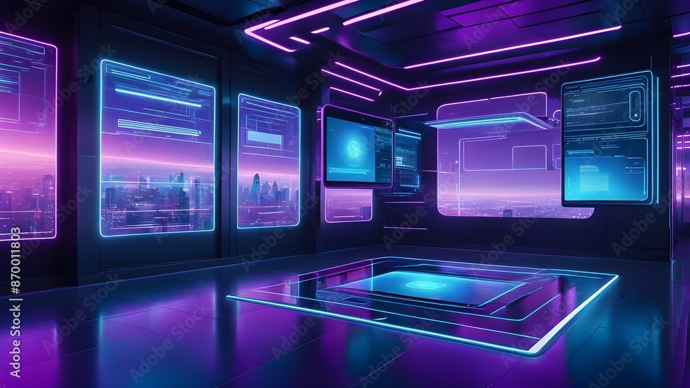 A room with neon lights and a city view on the wall A room with neon lights and a city view on the wall