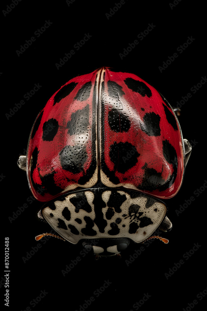 Fototapeta premium Ladybug close-up highlighting intricate patterns and high contrast colors on its shell