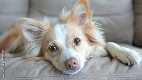 Relaxed Dog Lounging on Couch, closeup © lermont51