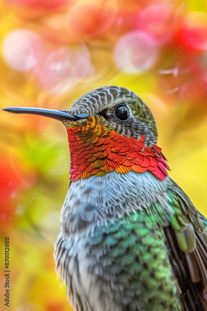 Fototapeta premium Hummingbird close-up displaying vibrant colors and intricate feather details in macro view