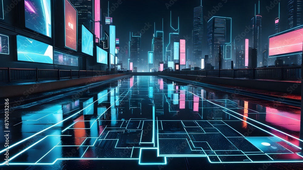 A cityscape with neon lights and a reflection of the city on a wet road A cityscape with neon lights and a reflection of the city on a wet road