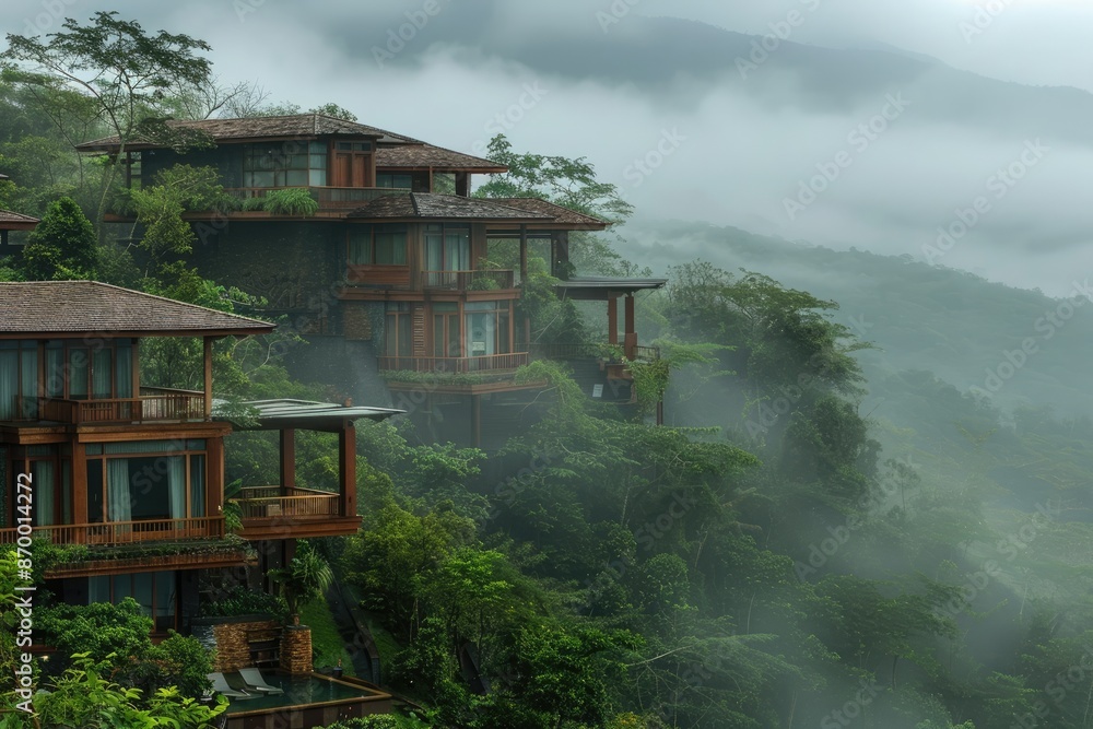 A mountain with a foggy atmosphere and a row of houses on the side. The houses are wooden and have balconies A mountain with a foggy atmosphere and a row of houses on the side. The houses are wooden and have balconies
