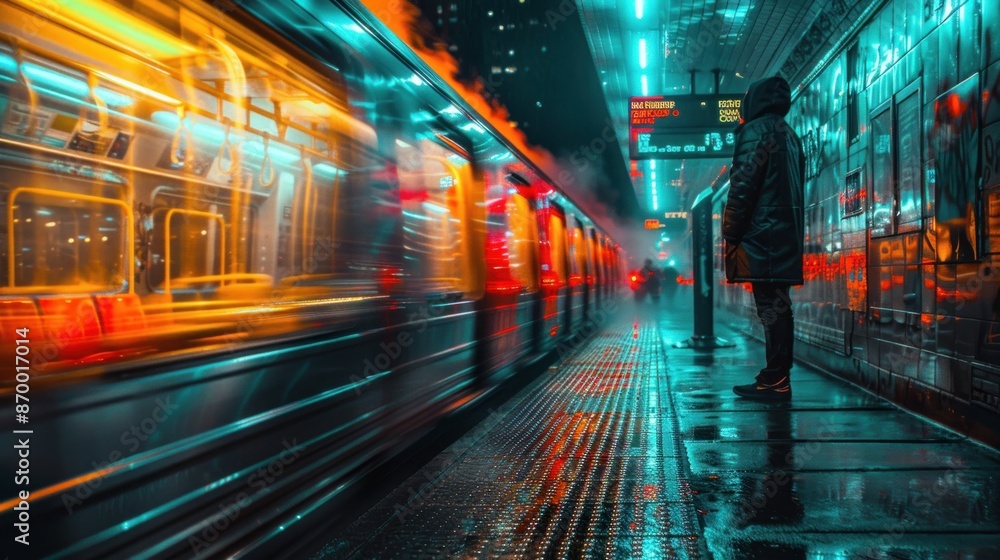 An ultra-realistic long exposure of a man standing on a train in a busy subway station on a bustling street.. An ultra-realistic long exposure of a man standing on a train in a busy subway station on a bustling street..