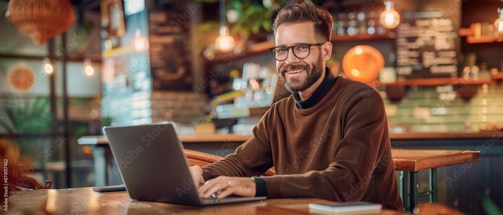 Obraz premium Man working on laptop, freelancer with computer in cafe at table, man in glasses smiling looking in camera