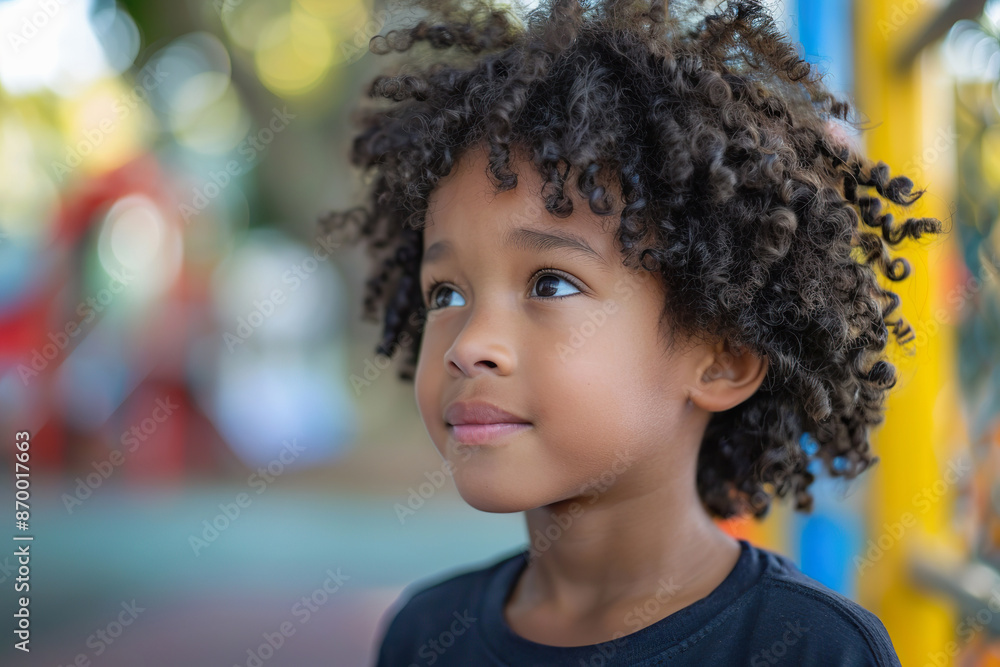 Curly Haired Boy Playing in Schoolyard on Sunny Day Curly Haired Boy Playing in Schoolyard on Sunny Day