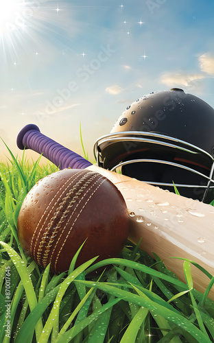 Closeup of Cricket equipment on green grass at the cricket field The tools for a cricke on grass background. Soft  and selective focus on photo