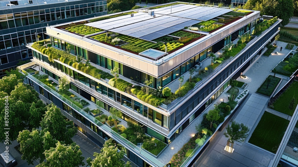 Modern green roof adorned with vibrant plants, complemented by strategically positioned solar panels for energy efficiency, creating a beautiful contrast Modern green roof adorned with vibrant plants, complemented by strategically positioned solar panels for energy efficiency, creating a beautiful contrast