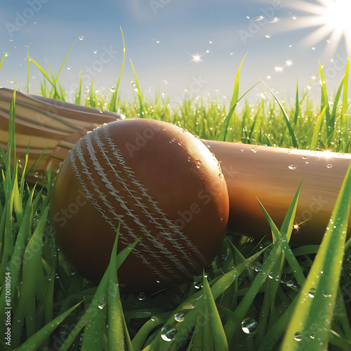 Closeup of Cricket equipment ball on green grass at the cricket field The tools for a cricke on grass background. Soft  and selective focus  photo