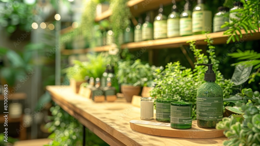 A green corner in a retail shop with eco-friendly products neatly arranged. Horizontal shot, natural light with high contrast, space on the left for text A green corner in a retail shop with eco-friendly products neatly arranged. Horizontal shot, natural light with high contrast, space on the left for text