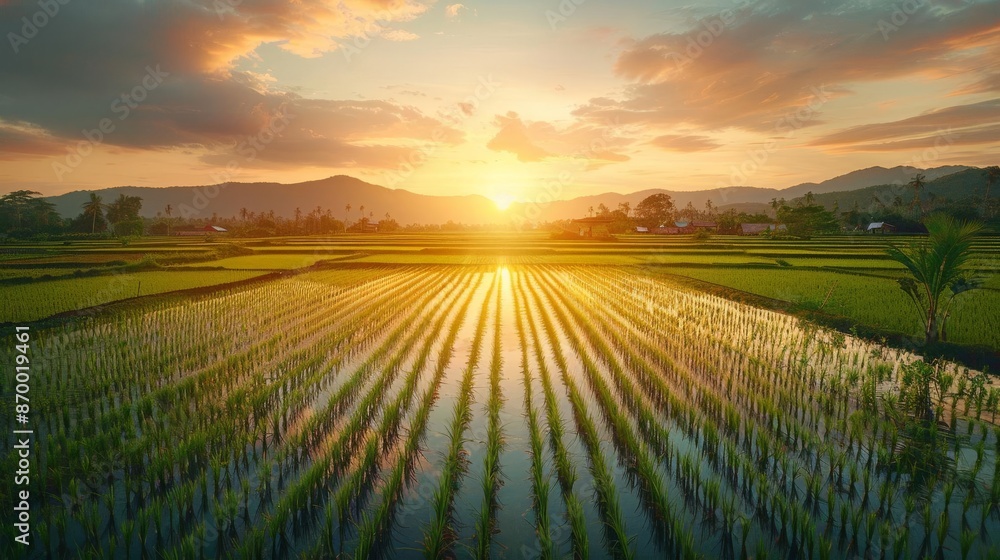 Fototapeta premium A serene rice paddy field with farmers planting seedlings. Wide-angle shot, soft evening light with warm hues, space on the right for text