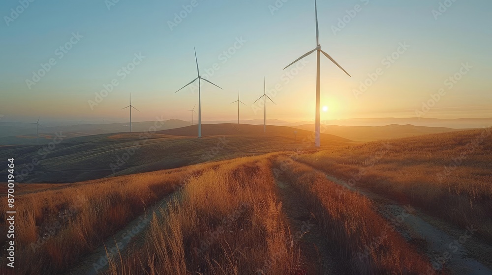 Obraz premium A serene wind farm on a hill with turbines spinning. Wide-angle shot, soft evening light with a warm, inviting tone, space on the right for text