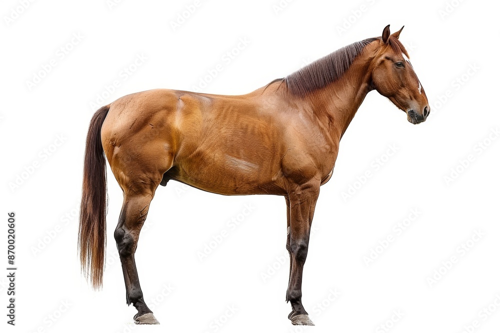 Naklejka premium Horse with brown coat, standing in full length, isolated on a white background, minimalistic composition