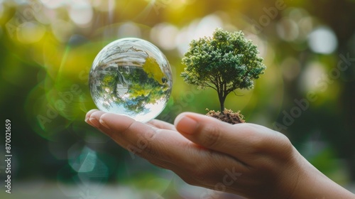 Earth crystal glass globe ball and growing tree in human hand. The concept of Environmental day. Earth day. Eco Earth Day concept