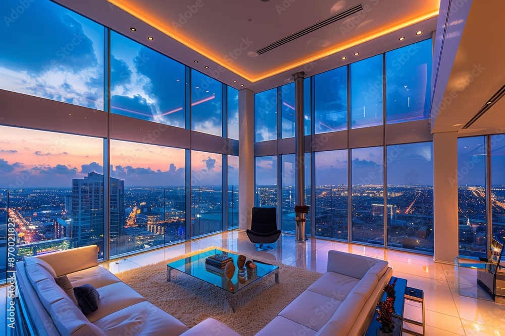 Fototapeta premium Luxury penthouse with panoramic city views and modern decor, evening concept