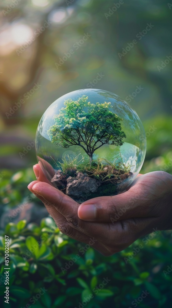 Earth crystal glass globe ball and growing tree in human hand. The concept of Environmental day. Earth day. Eco Earth Day concept Earth crystal glass globe ball and growing tree in human hand. The concept of Environmental day. Earth day. Eco Earth Day concept