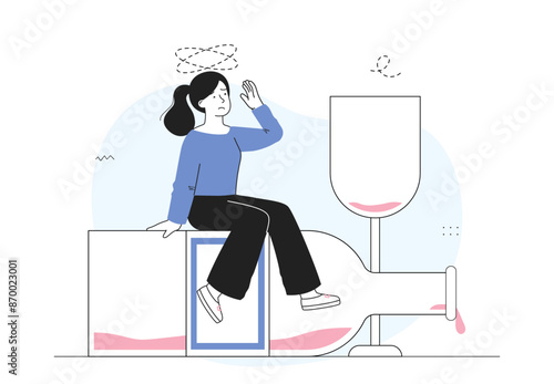Woman suffer from alcohol. Young drunk girl sits on large bottle next to glass. Person suffer from alcoholism. Drunk person with hangover. Linear vector illustration
