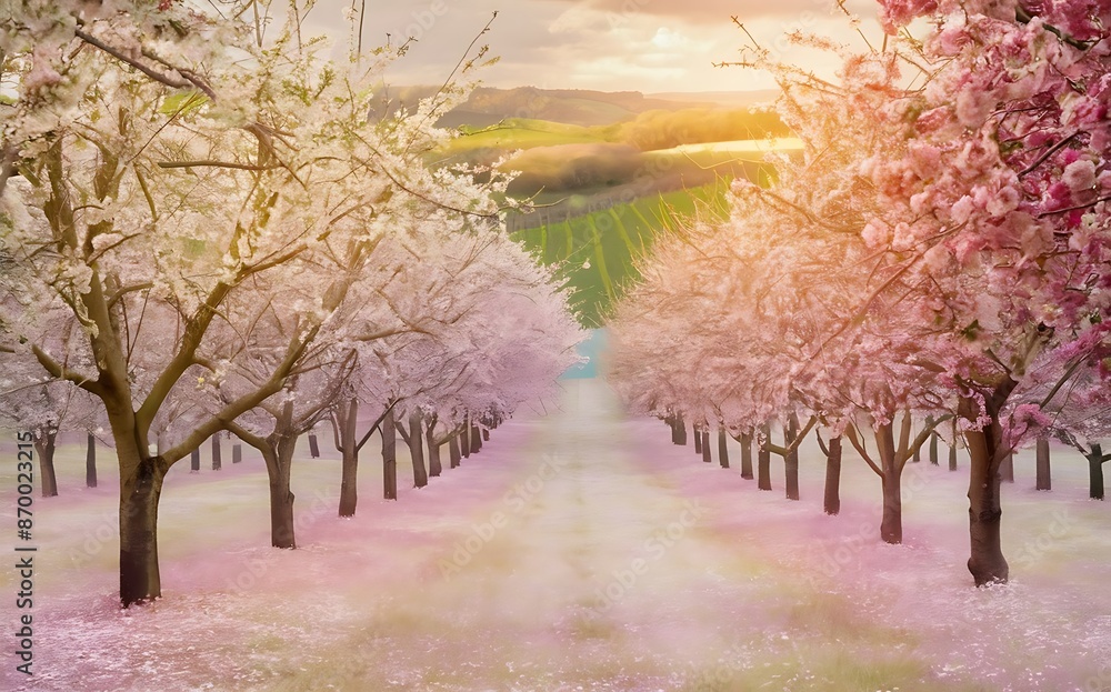 An orchard in full bloom during springtime, with rows of fruit trees covered in pink and white blossoms. The ground is carpeted with fallen petals, creating a dreamy atmosphere An orchard in full bloom during springtime, with rows of fruit trees covered in pink and white blossoms. The ground is carpeted with fallen petals, creating a dreamy atmosphere