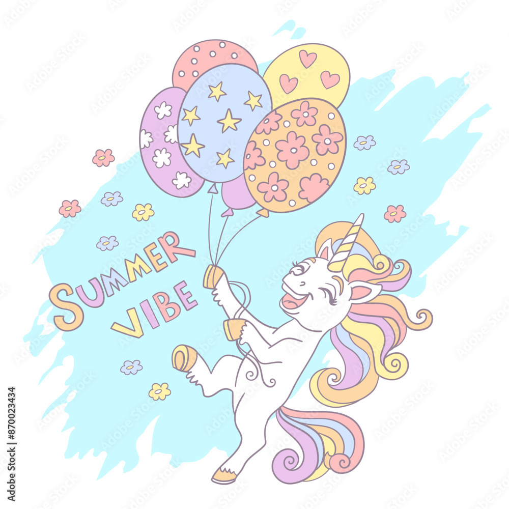 Greeting card cartoon unicorn with balloons and lettering vector Greeting card cartoon unicorn with balloons and lettering vector