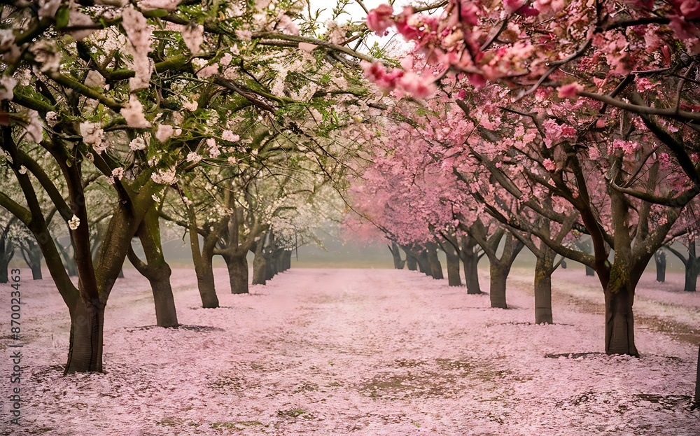 An orchard in full bloom during springtime, with rows of fruit trees covered in pink and white blossoms. The ground is carpeted with fallen petals, creating a dreamy atmosphere An orchard in full bloom during springtime, with rows of fruit trees covered in pink and white blossoms. The ground is carpeted with fallen petals, creating a dreamy atmosphere