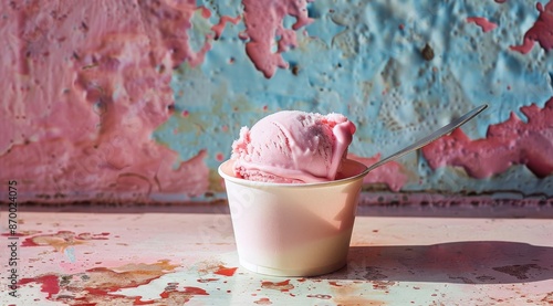 Single Serving of Pink Ice Cream in a White Cup on a Light Blue Table With a ...