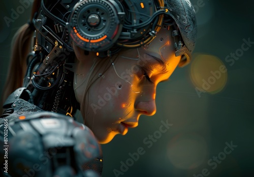 Close-Up Portrait of a Cyborg Woman in a Dark Forest Setting