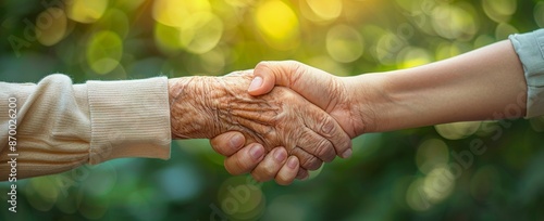 Close-Up of Elderly Hand Shaking Younger Hand in a Sunny Forest Setting