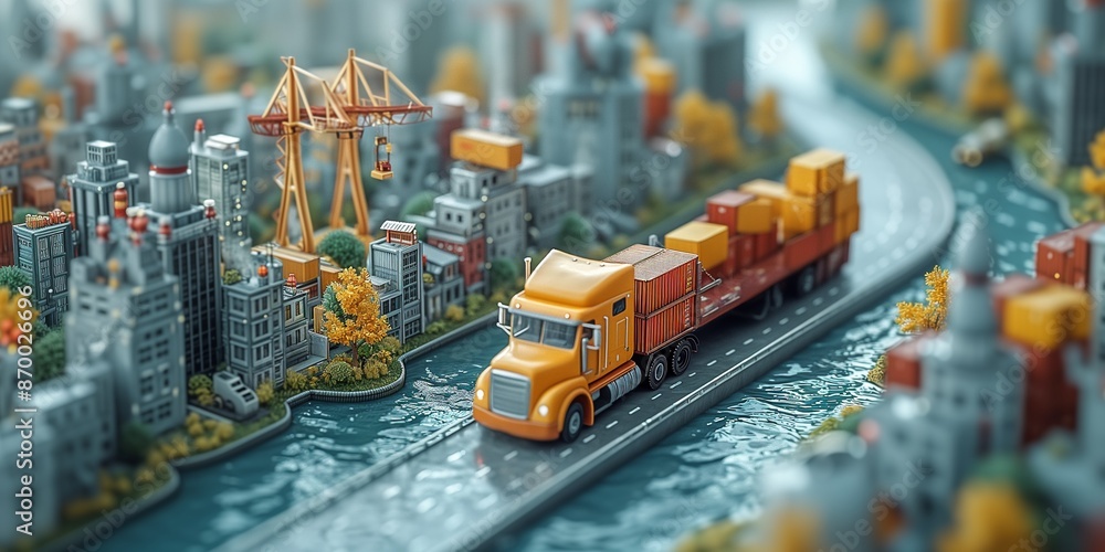 Yellow semi-truck transporting cargo through a miniature city, symbolizing global logistics, supply chain, and delivery. 3D Illustration Yellow semi-truck transporting cargo through a miniature city, symbolizing global logistics, supply chain, and delivery. 3D Illustration