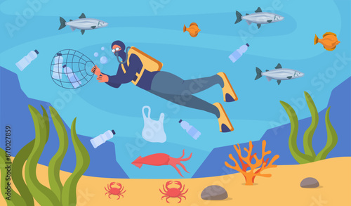Diver cleans sea. Man in diving suit explores seabed and clears plastic bottles. Fight against ocean pollution. Eco friendly activist and volunteer. Cartoon vector illustration