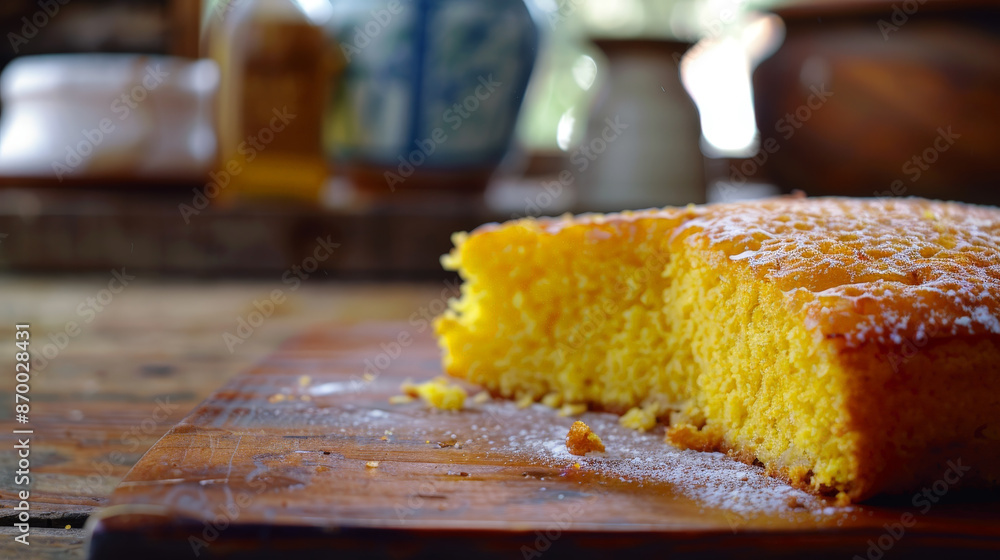 Traditional Brazilian corn cake served at a June festival on a rustic wooden table Traditional Brazilian corn cake served at a June festival on a rustic wooden table