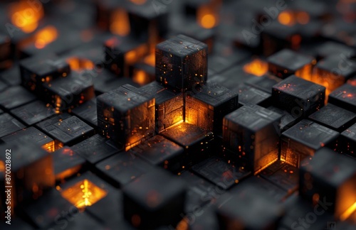 Abstract Black Cubes With Glowing Orange Edges