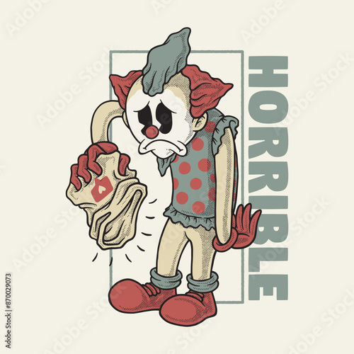 retro cartoon emblem of sad clown with empty likes bag