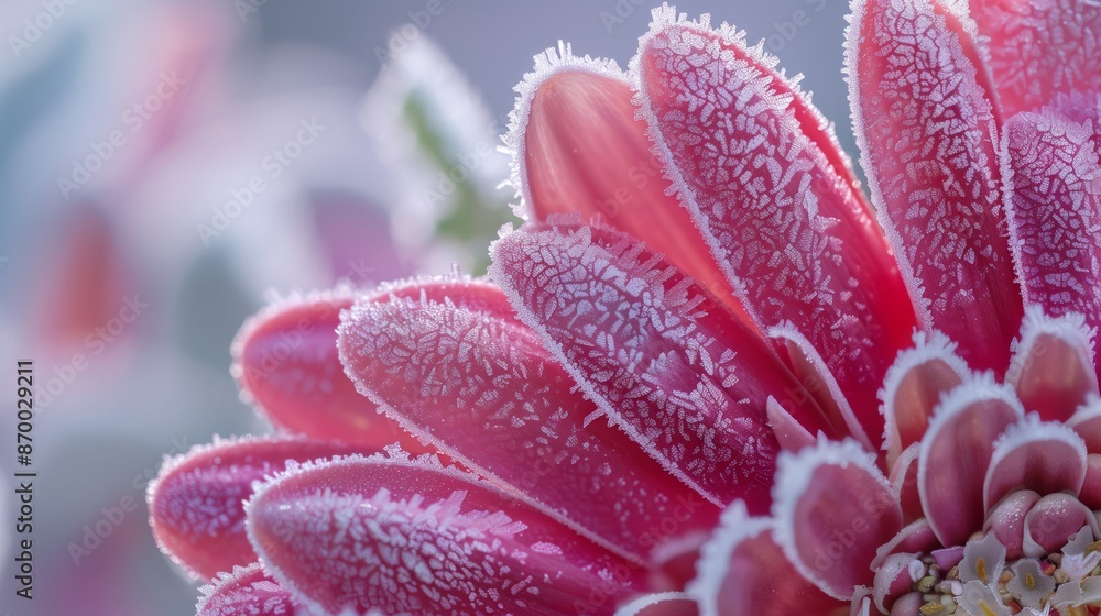 Macro shot of a gerbera daisy covered in frost, showcasing the intricate frost patterns and artistic detail