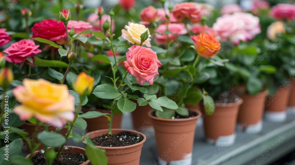 Rows of colorful rose plants in pots at a nursery, showcasing a variety of vibrant blooms and lush green leaves Rows of colorful rose plants in pots at a nursery, showcasing a variety of vibrant blooms and lush green leaves