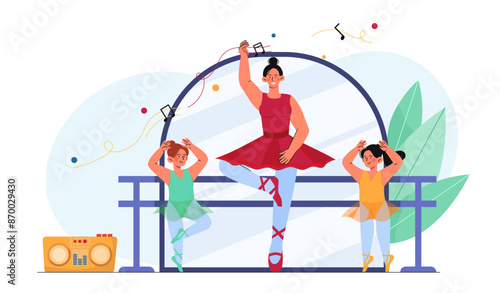 Dance teacher concept. Woman in red ballet dress dancing with children. Education and learning. Choreographer with children. Cartoon vector illustration