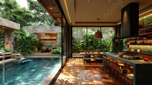 Modern Kitchen And Poolside Patio With Lush Greenery © fotofabrika