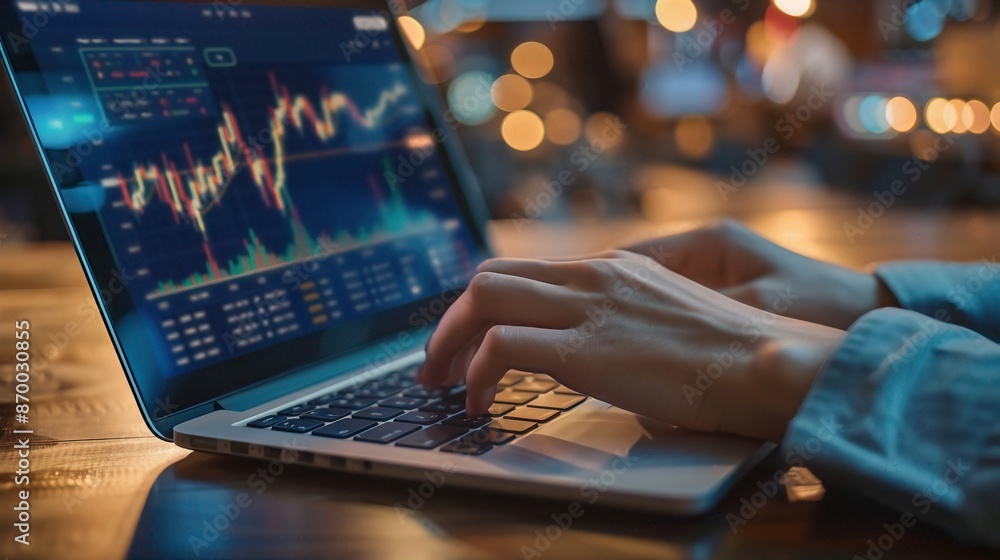 Person analyzing stock market data on a laptop. Hands typing on the keyboard with a financial graph displayed on the screen. Person analyzing stock market data on a laptop. Hands typing on the keyboard with a financial graph displayed on the screen.