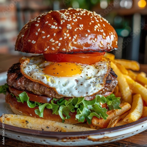 Closeup of a Sesame Seed Bun Burger Topped With a Fried Egg and Bacon