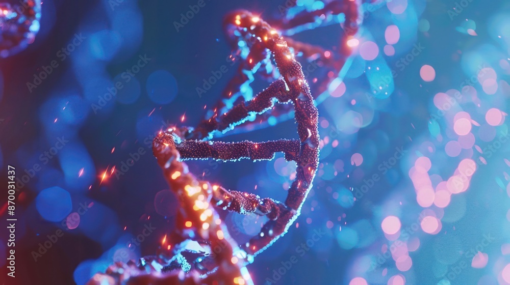 Close-up view of glowing DNA strands in a vibrant blue and red background, illustrating biotechnology and genetic research. Close-up view of glowing DNA strands in a vibrant blue and red background, illustrating biotechnology and genetic research.