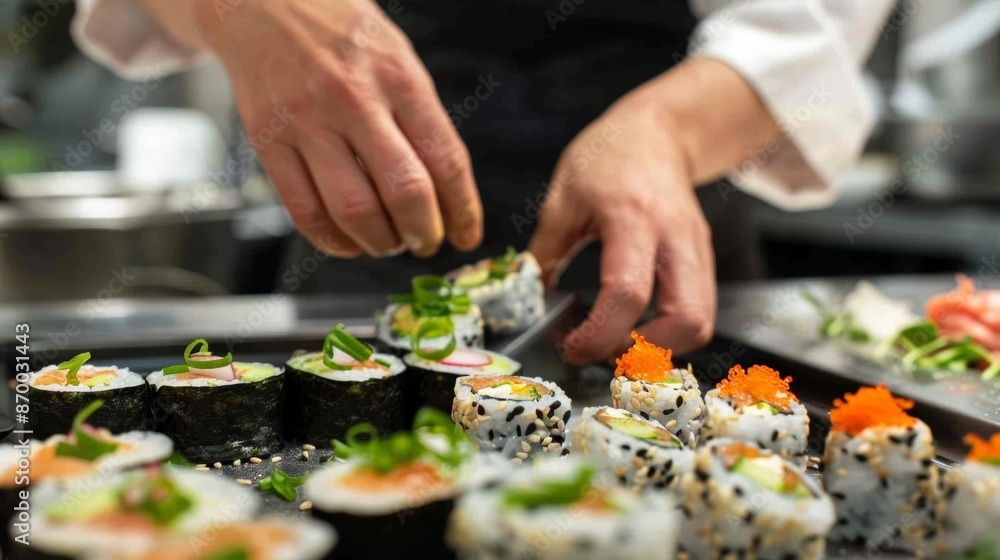 A person preparing sushi rolls using buckwheat groats instead of traditional sushi rice adding a unique and delicious twist to the classic dish. A person preparing sushi rolls using buckwheat groats instead of traditional sushi rice adding a unique and delicious twist to the classic dish.