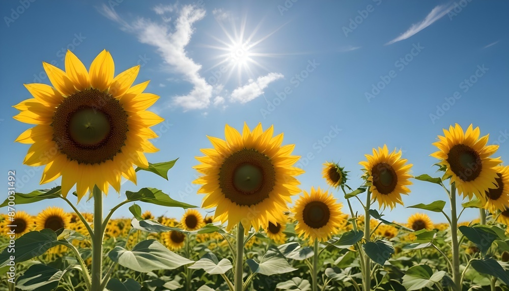 Fototapeta premium A vast sunflower field under a clear blue sky, with golden petals swaying in the gentle breeze.