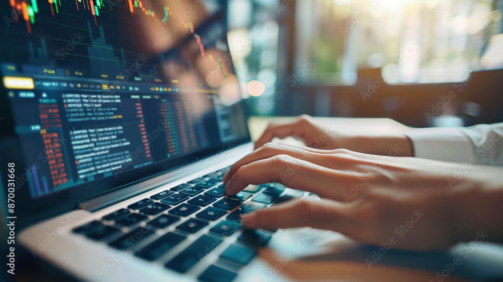 Close-up of hands typing on a laptop keyboard with financial data and charts on the screen in a bright office environment. Close-up of hands typing on a laptop keyboard with financial data and charts on the screen in a bright office environment.