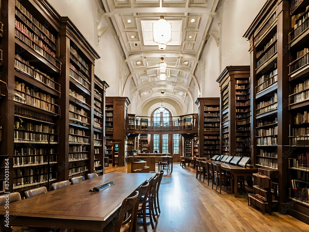 A large and luxurious library with tables and chairs with a large fireplace in the center A large and luxurious library with tables and chairs with a large fireplace in the center