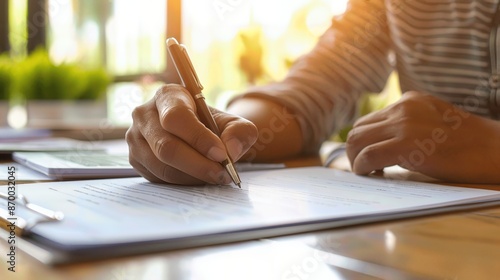 Close-up of a person hand writing on a document with a pen, with sunlight streaming in from the window in the background.