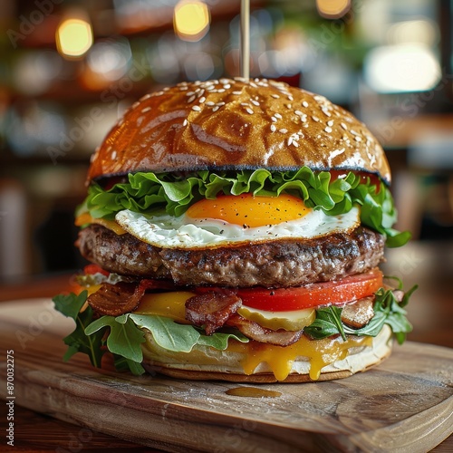 Closeup of a Large, Delicious Burger With a Fried Egg on a Wooden Cutting Board