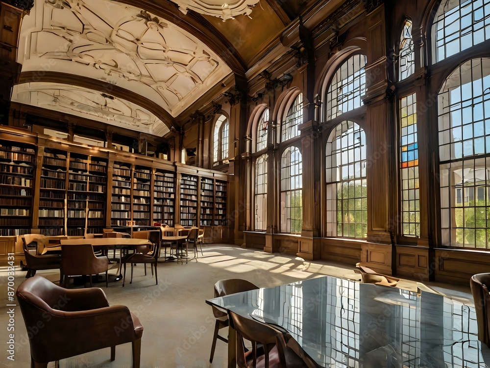 A large and luxurious library with tables and chairs with a large fireplace in the center A large and luxurious library with tables and chairs with a large fireplace in the center