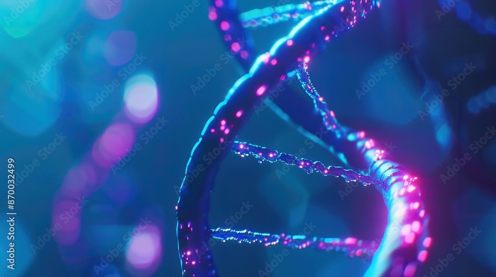 Close-up of a DNA strand with glowing particles in a neon light background, representing genetic research and biotechnology. Close-up of a DNA strand with glowing particles in a neon light background, representing genetic research and biotechnology.